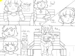 1ambiguous 2boys ahe_gao ambiguous_gender anal anal_sex asriel_dreemurr bench caught chara monochrome monster_kid outside pixel_art randotando undertale