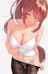 1girls breasts brown_hair cleavage doki_doki_literature_club female green_eyes hair_ribbon kun_kaiss large_breasts monika_(doki_doki_literature_club) panties pantyhose ponytail smile solo tank_top undressing