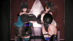 2girls 3d alternate_breast_size big_breasts breasts_bigger_than_head bunny_ears bunnysuit cat_ears female females_only hoshimi_miyabi huge_breasts koikatsu looking_at_viewer yoriha zenless_zone_zero zhu_yuan