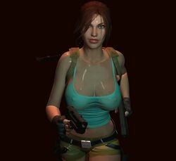 1girls 3d animated backpack bag belt bleinnie bouncing_breasts breasts cleavage crop_top curvy dual_wielding erect_nipples female female_focus female_only firearm handgun handwear huge_breasts human lara_croft lara_croft_(classic) legwear nipple_bulge pale_skin realistic run_cycle running see-through short_shorts sweat thick_thighs thigh_holster tomb_raider weapon wide_hips