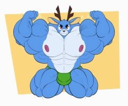 6:5 animal_crossing anthro antlers bam_(animal_crossing) big_bulge big_muscles biped blue_body blue_fur bulge clothing deer detailed_bulge flexing flexing_bicep fur hi_res horn huge_muscles hyper hyper_muscles looking_at_viewer male male_anthro mammal muscular muscular_anthro muscular_male nintendo nipples pecs simple_background solo vein veiny_muscles vezerem