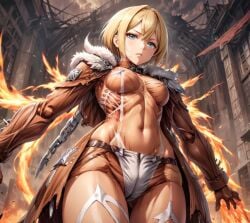 ai_assisted ai_generated attack_on_titan blonde_female blonde_hair female_titan fire historia_reiss looking_at_viewer muscular_female ruins tattered_clothing