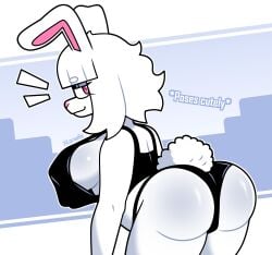 2025 ass big_breasts black_bra black_panties breasts female female_only furry looking_at_viewer looking_back lornalla lornalla_(character) original original_character rabbit red_eyes short_hair sideboob text thighs underwear white_fur white_hair