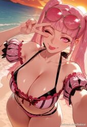 ai_generated balecxi bare_shoulders beach cleavage collarbone eyewear_on_head female fire_emblem fire_emblem:_three_houses hilda_valentine_goneril large_breasts long_hair looking_at_viewer ocean official_alternate_costume one_eye_closed outdoors patreon_username pink_bikini pink_eyes pink_hair selfie solo sunglasses sunset swimsuit thighs tongue tongue_out twintails v v_over_eye