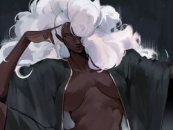 1girls areola_slip big_hair cropped_legs dark-skinned_female hair_over_one_eye large_breasts lips looking_at_viewer marvel ororo_munroe retrotheartist robe sitting solo storm_(x-men) very_dark_skin white_hair x-men