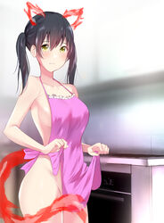 animal_ears apron apron_only armpit_crease breasts cleavage enen_no_shouboutai fire_force fire_tail functionally_nude hadaka_apron high_resolution kotatsu_tamaki lifted_by_self naked_apron yellow_eyes