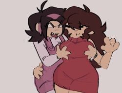 breast_grab breast_squeeze breasts chubby friday_night_funkin girlfriend_(friday_night_funkin) grabbing_another's_breast grabbing_breasts hand_on_hip nene_(newgrounds) newgrounds red_dress saliva saliva_string saliva_trail thick_thighs wide_hips yuri yuri