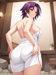 1girls ahoge ai_generated almost_naked almost_nude ass ass_grab azuma_marina bare_shoulders big_ass big_breasts breasts cleavage evil_grin evil_smile female grabbing_ass grabbing_own_ass grin hands_on_ass huge_ass huge_breasts isogil kashidashi_tsuma_marina_no_"netorase"_houkoku_binkan_tsuma_to_zetsurin_daigakusei looking_at_viewer looking_back_at_viewer nipples onsen purple_hair seductive sexy_pose shiny_skin short_hair smile smirk solo thick_thighs thighs towel