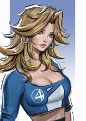 big_breasts blonde_hair blue_eyes breasts caucasian caucasian_female clothed_female crop_top drawing earrings light-skinned_female marvel marvel_rivals sketch sue_storm tagme whailsart white_woman