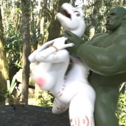 3d anthro crusch_lulu day female female_anthro forest hand_around_neck hand_on_neck hand_on_throat lizard lizard_girl male male/female no_sound orc orc_male outdoors pounding questionable_consent restrained video