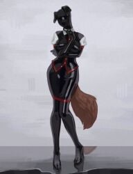 black_latex dog_ears dog_tail dress front_view full_latex heels jacket latex latex_clothing latex_mask no_text ophelia_(kdf_qs) orginal_character shiny_clothes simple_background tail tight_clothing winnievondroid