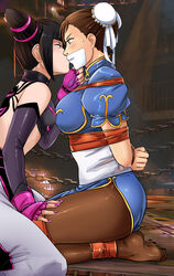 2girls arms_behind_back black_hair bondage bound bound_ankles bound_arms bound_legs bound_wrists brown_hair chun-li clothed clothed_female defeated female female_only femdom femsub forced forced_yuri gag gagged hand_on_leg hand_on_thigh helpless imminent_rape juri_han kidnapped kissing kneeling lezdom lostonezero multiple_girls pantyhose red_tape restrained shoes_removed street_fighter tape tape_bondage tape_gag taped_ankles taped_arms taped_legs taped_mouth taped_wrists thighs wide_eyed yuri