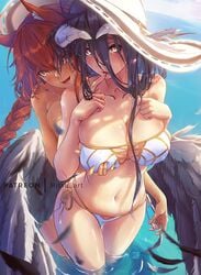 2girls albedo_(overlord) beach big_breasts bikini black_hair braid breast_grab demon_girl demon_wings grabbing_from_behind groping groping_breasts groping_from_behind hat horns long_hair looking_at_viewer lupusregina_beta mitsu_art multiple_girls ocean overlord_(maruyama) partially_submerged red_hair seaside succubus wet white_bikini wide_hips