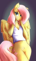 absurd_res anthro bottomless clothed clothing edit equid equine female fluttershy_(mlp) friendship_is_magic furry hi_res huckser mammal my_little_pony pterippus pussy shirt straight_hair topwear wings