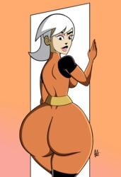 1girls ass belt big_ass big_butt bodysuit bottom_heavy cartoon_network dat_ass dimples_of_venus doorway drew_saturday eyeshadow female female_only huge_ass jarsman_(artist) limited_palette long_ass looking_back milf mother orange_background orange_theme pink_lips rear_view shoulder_blades signature solo the_secret_saturdays thick_lips tight_clothing tights wasp_waist white_hair