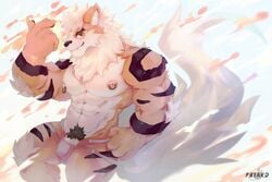 1boy 2019 4_fingers abs anthro anthrofied arcanine big_muscles black_body black_fur black_hair black_nose brown_eyes canine clothing eye_contact fingers fur furry hair hair_over_one_eye half-closed_eyes jockstrap looking_at_viewer male male_only muscular muscular_male nintendo nipple_piercing nipple_ring nipples orange_body orange_fur original_character pd04140298 penis penis_base piercing pink_nipples pokemon pokemon_(species) pokemon_rgby pubic_hair solo striped_body striped_fur stripes text thick_thighs thigh_gap topless underwear video_games watermark white_body white_fur white_hair