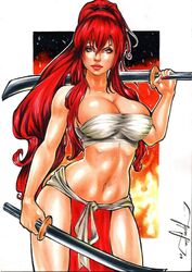 1girls 2019 absurdly_long_hair bandaged_chest belly_button big_breasts breasts busty chest_wraps cleavage dated dual_wielding ed_benes_studio erza_scarlet fairy_tail female female_only holding_sword holding_weapon human jeferson_lima large_breasts lipstick loincloth long_hair midriff navel pinup ponytail red_hair red_lips red_lipstick red_loincloth red_skirt sarashi signature skirt solo standing stomach sword swords thighs weapon