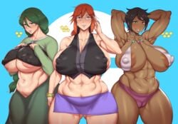 3girls abs alternate_breast_size alternate_outfit areolae armpits arms_up belly big_ass big_breasts big_nipples bikini bimbo blue_background blush breasts brown_eyes brown_hair bursting_breasts cameltoe cheryl_(pokemon) cleavage clothed dark-skinned_female dark_skin elite_four erect_nipples eye_contact female female_only glasses green_eyes green_hair grin half-closed_eyes hands_behind_head huge_ass huge_breasts human human_only large_ass large_breasts lipstick long_hair looking_at_viewer lorelei_(pokemon) lorelei_(pokemon_frlg) mature mature_female mature_woman midriff milf muscles muscular muscular_female natedecock naughty_face navel neck_rings necklace nintendo nipples olivia_(pokemon) pokemon pokemon_dppt pokemon_frlg pokemon_lgpe pokemon_masters pokemon_rgby pokemon_sm pose red_eyes seductive seductive_look seductive_smile shirt short_hair sideboob skimpy skimpy_clothes skirt smile star suggestive suggestive_look tank_top teeth thick_thighs thigh_gap venus_body wide_hips