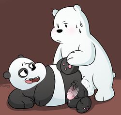 2019 absurd_res anal anal_sex anthro balls black_fur blush bodily_fluids cartoon_network cum duo erection fur genital_fluids giant_panda hi_res humanoid_penis ice_bear male male/male mammal panda_(wbb) peachy-pudding penetration penis polar_bear slightly_chubby sweat ursid ursine we_bare_bears white_fur