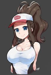1girls alternate_breast_size big_breasts blue_eyes breasts brown_hair eye_contact female female_only half-closed_eyes hat hilda_(pokemon) huge_breasts human large_breasts looking_at_viewer maruzyrukun nintendo nipple_bulge pokemon pokemon_bw ponytail smile smiling smiling_at_viewer solo tank_top