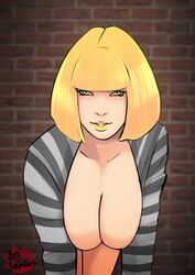 becsantus big_breasts blonde_hair blue_eyes breasts breasts_out cleavage female female_focus female_only lipstick midorikawa_hana pinup prison prison_cell prison_school prison_uniform prisoner solo tagme yellow_eyes yellow_lipstick