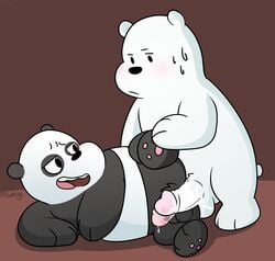 2019 absurd_res anthro balls black_fur blush bodily_fluids cartoon_network cum duo erection fur genital_fluids giant_panda hi_res humanoid_penis ice_bear male male/male mammal panda_(wbb) peachy-pudding penis polar_bear slightly_chubby sweat ursid ursine we_bare_bears white_fur