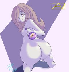 ass big_butt hair_covering_eye little_witch_academia looking_at_viewer looking_back pale-skinned_female potion round_ass shiny_skin sideboob signature small_breasts smile smug squatting sucy_manbavaran tagme watermark witch zavits