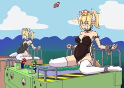 5_fingers absurd_res blonde_hair blue_eyes blush bodily_fluids bound bowsette bracelet breasts chained chains clothed clothing collar colucolu crown ear_piercing eyebrows eyelashes female female_focus fingers genderswap giantess group hair hi_res horn humanoid humanoid_pointy_ears inflation jewelry legwear luigi macro mario mario_(series) mario_party new_super_mario_bros._u_deluxe nintendo open_mouth penetration piercing ponytail pussy rule_63 shell sitting size_difference spiked_armlet spiked_bracelet spiked_collar spiked_shell spiked_tail spikes super_crown sweat sweatdrop teeth thick_eyebrows thigh_highs vaginal_penetration video_games