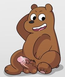 2019 absurd_res anthro balls black_nose brown_fur cartoon_network erection fur grizzly_(wbb) hi_res humanoid_penis male male_only mammal peachy-pudding penis simple_background sitting slightly_chubby solo ursid we_bare_bears