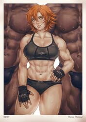 1girls 2019 2boys abs blue_eyes booty_shorts breasts cleavage dark-skinned_male dark_skin female fingerless_gloves highres huge_breasts imminent_sex interracial looking_at_viewer male mma mma_gloves muscles muscular muscular_female muscular_male naughty_face nora_valkyrie orange_hair panties prinzkuon rwby seductive seductive_smile short_hair smile spats sports_bra sportswear sweat tanktop text thick_thighs ufc unseen_male_face watermark workout_clothes