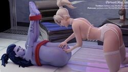 2girls 3d ass blender blizzard_entertainment blonde_hair cote_d'azur_widowmaker female female_only fingering kidnapped mercy overwatch pervertmuffinmajima purple_skin render restrained widowmaker yuri