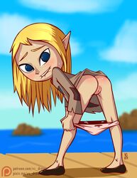 2017 artist_name ass_freckles back biting_lip blonde_hair blue_eyes blush boardwalk clothed clothing eyebrows female female_focus freckles looking_at_viewer mila_(the_legend_of_zelda) nintendo ocean outdoors panties panties_down patreon pointy_ears presenting presenting_hindquarters pussy shoes solo solo_focus sweat teeth the_legend_of_zelda the_wind_waker vagina vs_draws water web_address wind_waker