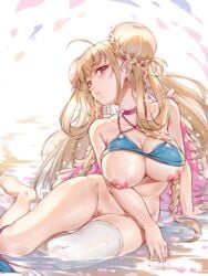 azur_lane bangs bare_shoulders bikini bikini_lift blonde_female blonde_hair blue_bikini blush bottomless braid braided_bun breasts choker collarbone double_bun erect_nipples feather_boa female formidable_(azur_lane) formidable_(the_lady_of_the_beach)_(azur_lane) highres large_breasts long_hair looking_at_viewer miazi nipples pink_choker pink_eyes pubic_hair simple_background single_thighhigh solo swimsuit thighhighs thighs white_background