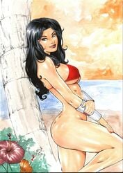 1girls 2019 alternate_costume amazon ass beach big_breasts bikini bikini_top black_hair blue_eyes blue_sky bottomless bra bracers breasts busty dated dc dc_comics diana_prince ed_benes_studio female female_only flower flowers from_side goddess human justice_league knee_up lanio_sena large_breasts leaning leaning_on_object lipstick long_hair nail_polish no_panties ocean pinup purple_lips purple_lipstick red_bikini_top red_bra red_nail_polish red_nails sand sideboob signature solo standing superheroine themyscira themysciran thick_thighs thighs tree underboob water wonder_woman wonder_woman_(series)