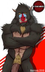 2018 abs anthro balls big_muscles big_pecs big_penis biped black_balls black_fur blue_markings brown_fur brown_penis brown_sclera brown_skin crossed_arms ear_piercing facial_markings facial_piercing fangs flaccid front_view frown fur grey_fur half-length_portrait haplorhine head_markings hi_res industrial_piercing light lighting lips looking_at_viewer male male_only mammal mandrill markings monkey multicolored_fur muscular muscular_male narram navel nose_piercing nose_ring nude old_world_monkey orange_eyes pecs penis piercing pink_lips portrait prick_ears primate pubes red_background red_nose septum_piercing shadow simple_background solo standing stare two_tone_fur vein veiny_penis watermark white_background