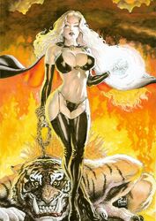 2009 big_breasts black_bikini budd_root cape chaos_comics curvaceous huge_breasts lady_death large_breasts long_hair tiger voluptuous white_eyes white_hair white_skin