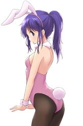 animal_ears ass black_legwear blue_eyes blue_hair blush bow bowtie breasts bunny_ears bunny_girl bunny_tail bunnysuit clothing eyebrows_visible_through_hair fake_animal_ears fake_tail female highres hinata_yukari leotard long_hair looking_at_viewer looking_to_the_side melty_pot open_mouth pantyhose pink_leotard pink_neckwear shiny shiny_clothes shiny_hair shoulder_blades simple_background small_breasts solo tail white_background yuyushiki