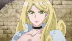 animated blonde_hair bounce bouncing_breasts breasts choker cleavage green_eyes huge_breasts jiggle katsute_kami_datta_kemonotachi_e liza_renecastle long_hair mole mole_on_breast no_sound russian_girl talking video