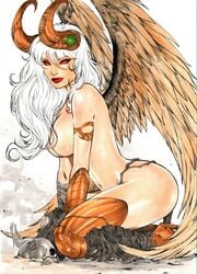 1girls 2019 angelus armored_gloves bandaged_arm bandages bangs big_breasts big_horns breasts brown_panties brown_wings dated ed_benes_studio eyeshadow feathered_wings feathers female female_only hair_covering_breasts horns image_comics kneeling lanio_sena lipstick long_hair makeup mascara monster_girl no_bra panties pinup red_eyes red_lips red_lipstick red_sclera signature skull solo the_darkness thighhighs thighs top_cow topless topless_female white_eyebrows white_hair wings