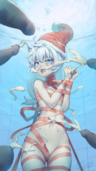 air_bubbles blue_eyes blush bondage christmas_hat cum cum_on_body do_not_distribute erection female female_focus group_sex hair hair_between_eyes hat honkai_impact honkai_impact_3rd long_hair multiple_penises nude open_mouth penis ponytail rou271 rou_(rou22) silver_hair tape tape_bondage theresa_apocalypse underwater water