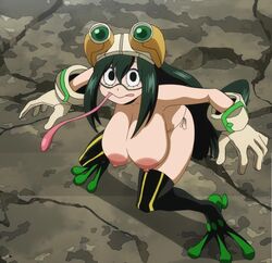 1girls accurate_art_style boots breasts cracked_floor cracks edit frog_girl green_hair hero_outfit_(mha) huge_breasts long_tongue looking_at_viewer my_hero_academia nude_edit screenshot screenshot_edit scrimmy skin_tight solo solo_female solo_focus topless tsuyu_asui