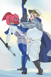 1boy 1girls balls blush bottomless breasts clothed_male_nude_female clothed_sex cum cum_in_pussy cum_inside fat_man high_heels leg_up male motion_lines nipple_bulge penis proxy_(character) robot_girl sailor snow sweat sword tagme thick_thighs thighhighs ziroko