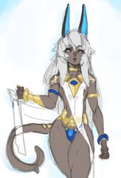 1boy animal_ears anthro choker dark-skinned_femboy dark-skinned_male dark_skin femboy long_hair male male_only orange_nails solo tail thick_thighs thong transparent_clothing white_hair yellow_eyes ziroko