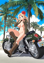 blonde_hair blue_eyes boots breasts censored flower_in_hair girls_und_panzer jacket kay_(girls_und_panzer) motorcycle nipples open_shirt pubic_hair schelz