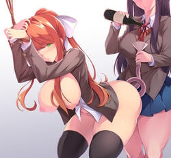 2girls alcohol alcohol_enema anal anal_object_insertion bent_over black_legwear blazer blue_skirt blush bondage bottle bottle_filling bottomless bound bound_wrists breasts commentary covered_nipples doki_doki_literature_club enema english_commentary female femdom femsub green_eyes hair_intakes hair_ribbon hanging_breasts head_out_of_frame highres jacket large_breasts lezdom long_hair maullarmaullar monika_(doki_doki_literature_club) multiple_girls nipples object_insertion orange_hair ponytail purple_hair ribbon rope school_uniform skirt thick_thighs thighhighs thighs white_background wine wine_bottle yuri_(doki_doki_literature_club)