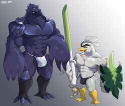 2019 abs anthro anthrofied avian beak bird bulge clothing corvid corviknight gay hi_res larger_male male male_only melee_weapon muscular muscular_male nintendo pecs penis penis_base pokémon_(species) pokémorph pokemon pokemon_ss shield simple_background sirfetch'd size_difference smaller_male standing sword text thong topless video_games voviat watermark weapon yaoi