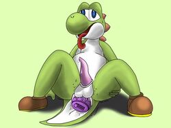 2019 4:3 anal anal_juice anal_sex anus balls bodily_fluids feral genital_fluids green_skin green_yoshi hi_res looking_pleasured male male_only mario_(series) nintendo open_mouth penetration penis reptile salamandre scalie sex_toy sitting solo spreading tapering_penis tongue tongue_out vibrator video_games white_skin yoshi