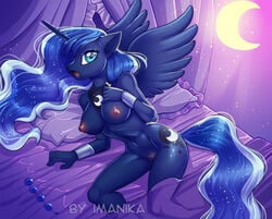 2018 alicorn anthro areola bed blue_eyes blue_hair breasts crescent_moon digital_media_(artwork) equid eyelashes feathered_wings feathers female friendship_is_magic furry hair horn imanika long_hair looking_at_viewer mammal moon my_little_pony nipples nude on_bed open_mouth pillow princess_luna_(mlp) pussy solo wings