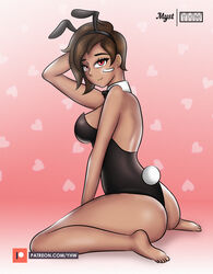 1girls alternate_costume barefoot brown_hair bunny_ears bunny_girl bunny_tail bunnysuit dark_skin hi-rez_studios kinessa_(paladins) looking_at_viewer on_knees orange_eyes paladins playboy red_eyes short_hair yhw