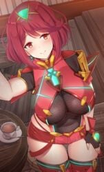 1girls bangs breasts cleavage covered_navel female fingerless_gloves gloves hair_ornament huge_breasts looking_at_viewer nintendo noeomi pyra red_eyes red_hair short_hair short_shorts shorts smile swept_bangs teacup thick_thighs thighhighs thighs xenoblade_(series) xenoblade_chronicles_2